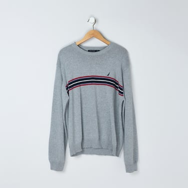 Vintage 90s Nautica Striped Gray Sweater - nineties, preppy, grey, pullover, crew neck - Men's XL 