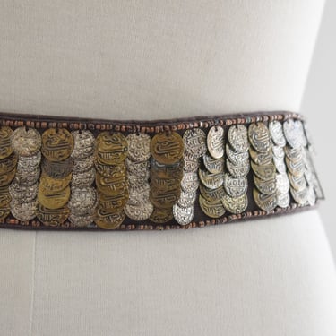 1990s Brown Cotton Tie Belt with Gold Faux Coin Charms 