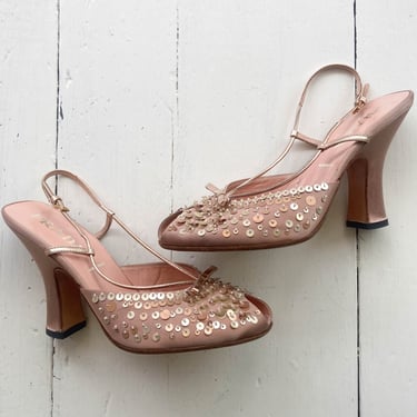 Y2K Prada Slipper Pink Satin Peep Toe Pump With Sequins And Beading 