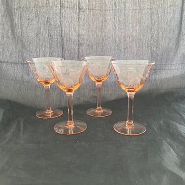 Set of 2 Vintage Pink Floral Etched Crystal SMALL 2 OZ Liquor Cocktail Glasses, Cordial Sherry Glasses, Depression Glass, Liqueur Port Amaro 