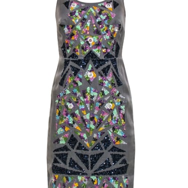 Nicole Miller - Grey Silk Sheath Dress w/ Multicolor Sequin & Jeweled Design Sz 4