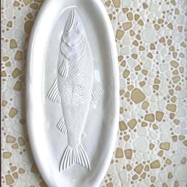large white fish platter vintage California pottery serving dish - seafood beach cottage decor 