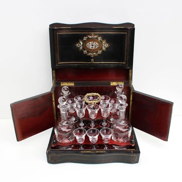 gorgious 19th century antique Ebonized wood Brass inlaid and crossbanded  wih mother of pearls liqueur set 4 decanters and 14 glasses superb 