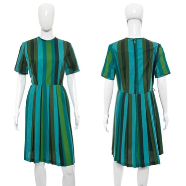1950's Blue and Green Striped Day Dress Size L
