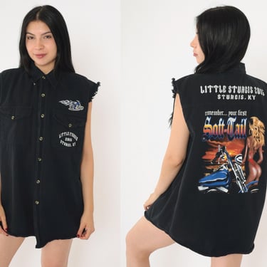 Vintage Little Sturgis KY Shirt 00s Black Biker Babe Button Up Sleeveless Frayed Edge Cutoff Motorcycle Pinup Shirt Soft Tail Large 