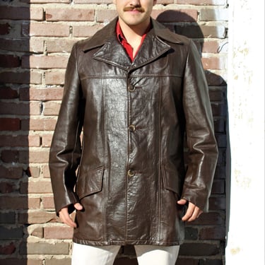 Mens Peacoat, Vintage 1970s Startown Brown Leather Coat, Size 42L Men, removable liner 