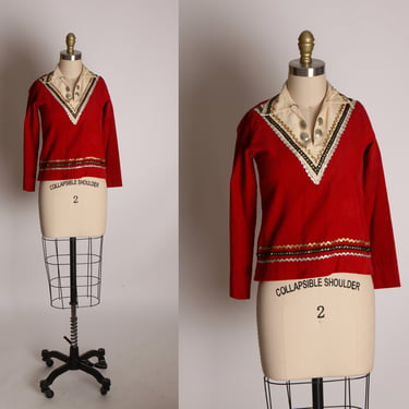 1950s Red, White and Black Gold Trim 3/4 Length Sleeve Pullover Patio Western Blouse -XS 