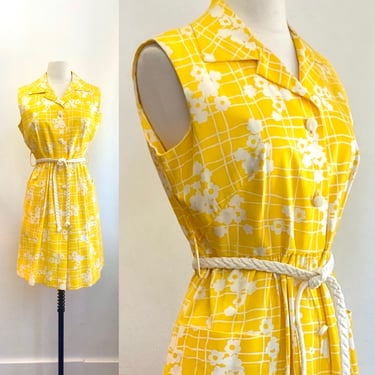 Vintage 60s 70s MOD Dress / Shirtwaist / ROPE Belt + HUGE Pockets / Abstract Floral Plaid / Loungees 
