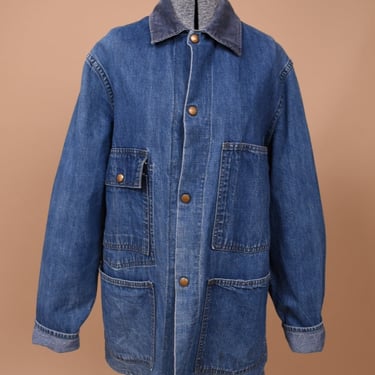 Blue 60s Denim Honest Wear Chore Coat with Corduroy Collar By Carters, M/L