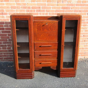 English Antique Tiger Oak Art Deco Side By Side Drop Front Desk / Bookcase 