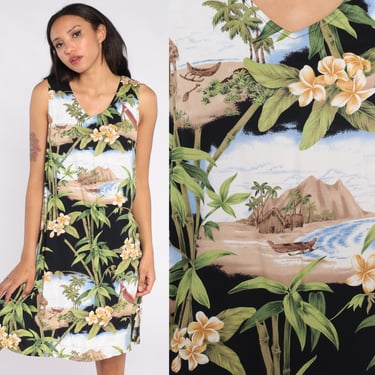 Black Hawaiian Dress Island Dress Tropical Mini Y2K Hibiscus Surfer Dress Sundress Surf Vintage Sleeveless Summer Shift Medium 