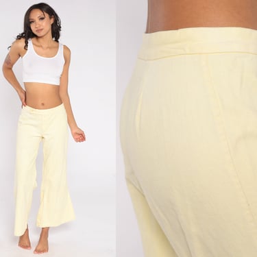 Pale Yellow Bell Bottoms 70s Flare Pants Hippie Bellbottom High Waisted Sailor Pants Bohemian Trousers Low Rise Vintage 1970s Extra Small xs 