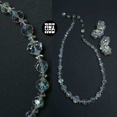 Beautiful Sparkling Vintage 50s Clear Iridescent Crystal Necklace & Matching Clip-On Earrings SET 