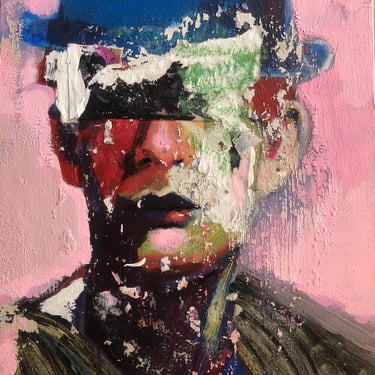 Contemporary Abstract Expressionist Mixed Media Collage Acrylic Painting of a man with a hat, 11” x 14”, canvas board, unsigned. 