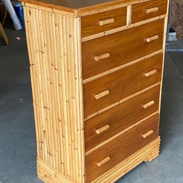 Stacked Rattan Highboy Dresser with Mahogany Top by Kane Kraft 