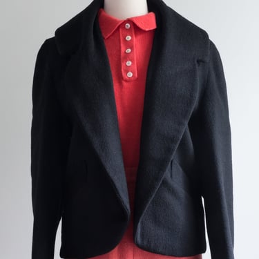 Darling 1950's Black Wool Jacket With Shawl Collar and Button Back / Medium