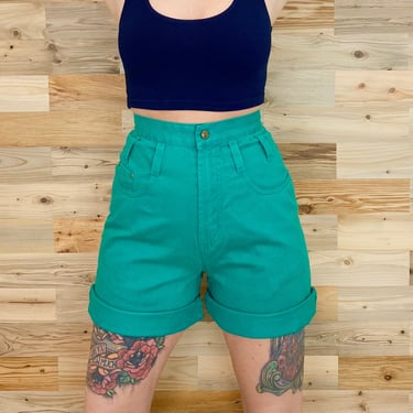 90's Ultra High Rise Green Denim Shorts / Size 24 