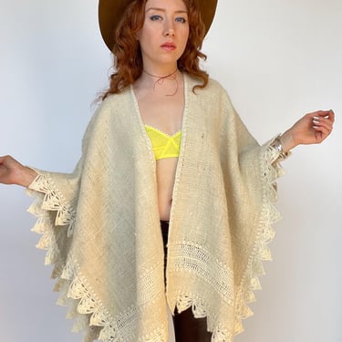 1970s Poncho Crochet Woven Wool Boho Hippie Cape 