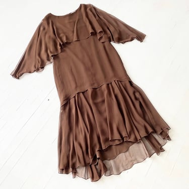1970s Brown Silk Chiffon Tiered Dress 