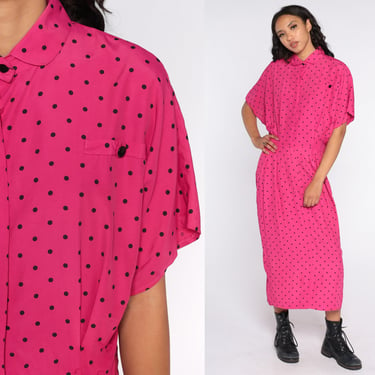 Polka DOT Dress Hot Pink Dress 80s Button Up High Waisted Shirtdress Midi Short Sleeve Dress 1980s Short Sleeve Hipster Vintage Medium 