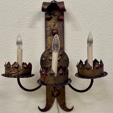 Item #DT2 Wrought Iron Gothic Revival Three Light Wall Sconce c.1950