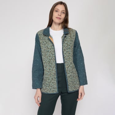 Sm-Med 70s Boho Reversible Rag Quilt Patchwork Jacket | Vintage Green Leaf Print Lightweight Quilted Coat 