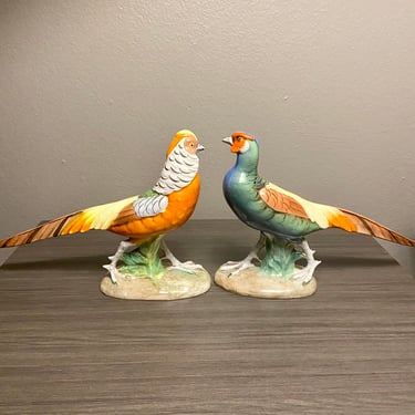 Vintage- Ugo Zaccagnini- Porcelain Pheasant Birds Figurines hand painted -Made In Italy- 