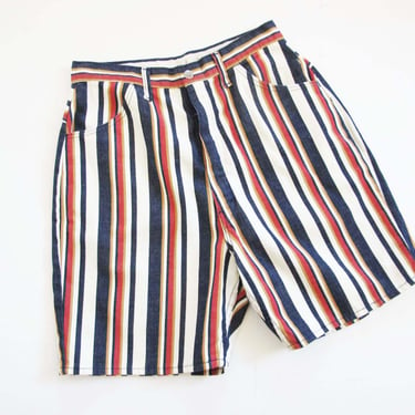 Vintage 70s Striped Shorts 28 - 1970s Vertical Blue Brown Red High Waist Preppy Denim Shorts 