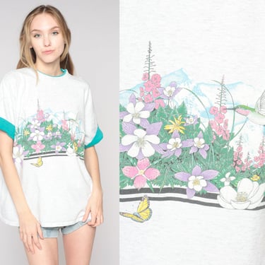 Floral T-Shirt 90s Butterfly Hummingbird Graphic Tee Mountain Man Nut Fruit Co Landscape Retro Single Stitch 1990s Vintage Extra Large xl 