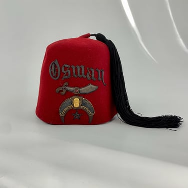 1940'S Masonic Shriner's Fez - Deep Red Wool Felt - OSMAN - The Henderson Ames Co. 