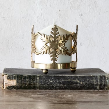 Brass Snowflake Pillar Candle Holder, Vintage Winter Candleholder 