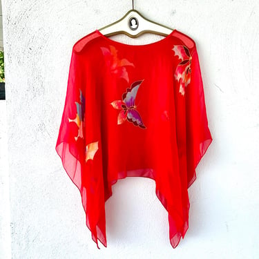 Vintage Hand Painted Butterfly Silk Shirt Red Crepe Scarf Top Butterflies Handpainted Poncho 