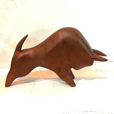 American Mid century Modern Solid Mahogany Bull Sculpture Wood Carved