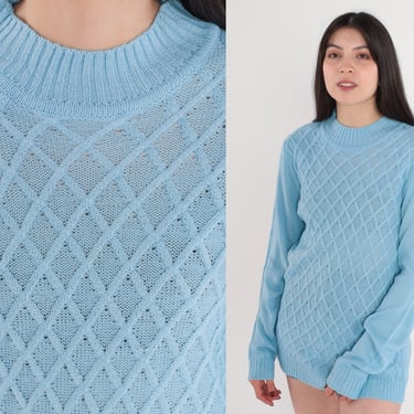Baby Blue Sweater 70s Cable Knit Sweater Diamond Pullover Retro Basic Knitwear Light Jumper Spring Vintage 1970s Acrylic Small Medium 