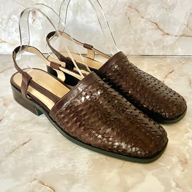 Woven Leather Shoes, Sandals, Huaraches, Sling Back Flats, Vintage 90s 