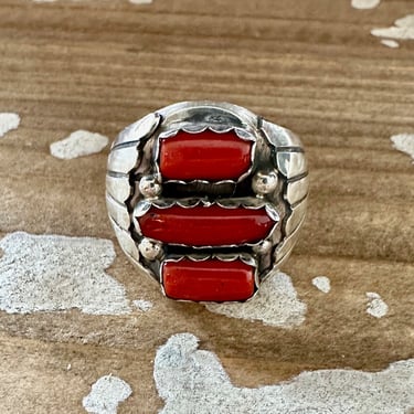 PIECES AND LOVE Alvery Smith Handmade Mens Ring | Thick Sterling Silver Band w/ Coral | Navajo Native American Mens Jewelry | Size 10.5 
