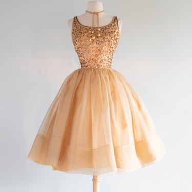 Stunning 1950's Gold Sequined Cupcake Party Dress By Jr. Theme / Small