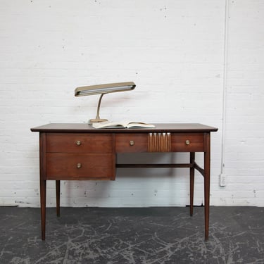 Vintage MCM walnut wood small writing desk w/ formica top by Bassett Furniture | Free delivery in NYC and Hudson Valley areas 