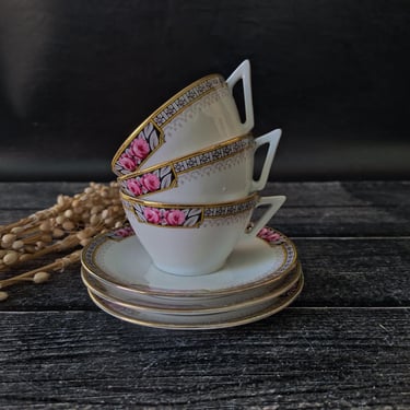 Set of 3 Art Deco Coffee Cups and Saucers French Coffee Set Vintage Art Deco Tea Service 