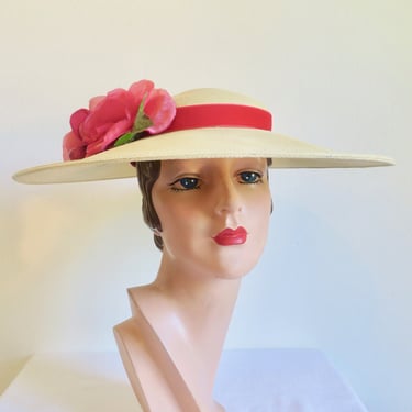 1950's Creme Woven Straw Wide Brim Hat Coral Red Silk Roses Cherries Velvet 50's Portrait Picture Hat Spring Summer Millinery Henry Margu 