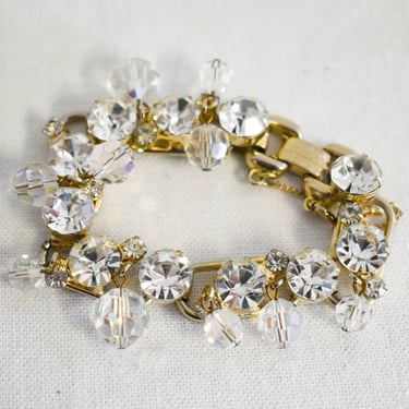 1950s/60s Chunky Rhinestone and Bead Dangle Link Bracelet 