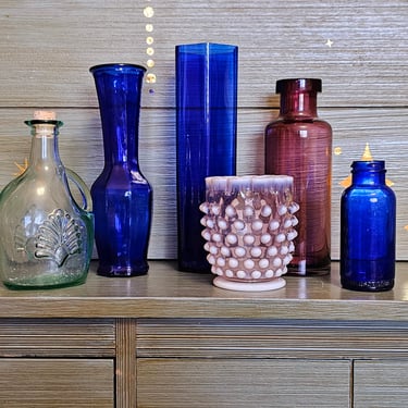 Modern Boho Blue Glass Vase Bottle Set Decor Glassware 