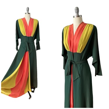 40s Colorblock Rayon Crepe Dressing Gown / 1940s Vintage Saybury Maxi Dress / Medium / Size 8 