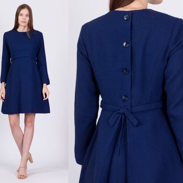 60s Blue Button Back Mini Dress - Petite Medium | Stanton Jrs. Long Sleeve A Line Retro Babydoll Dress 