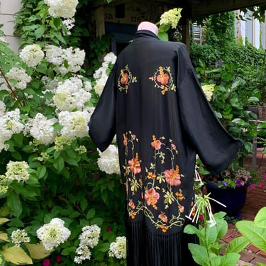 Authentic 1920's Kimono Duster - Black Silk Trimmed with Fringe - Lovely Silk Floral Embroidery - Great Gatsby Style - Women's Size Medium 