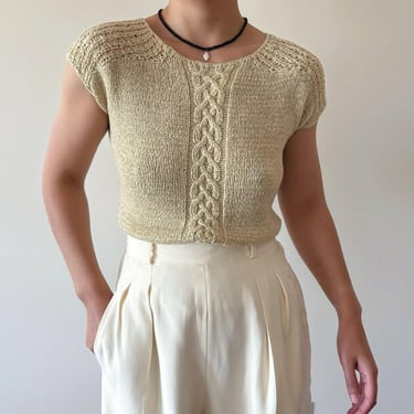 vintage silk knit shirt ribbed silk knit top silk knit blouse cable knit minimalist silk shirt beige 90s capsule wardrobe size S 