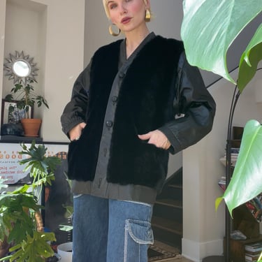 VTG 80s Black Leather Faux Fur Jacket with Removable Sleeves 