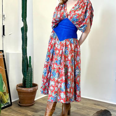 Vintage 1980s Dress / 80s Barboglio Cristina Jan Floral Dress / Red Blue ( XS S ) 