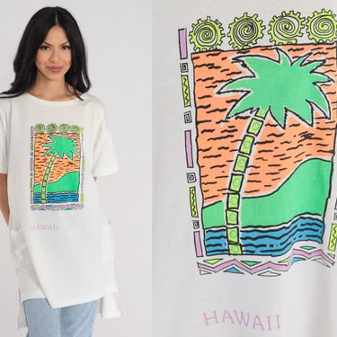 Hawaii T Shirt Dress 90s Palm Tree Print TShirt Tropical Graphic White Pocket Beach Cover Up 1990s Retro Tourist Vintage Medium Large xl 