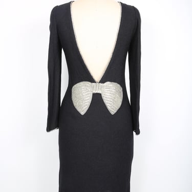 Vintage Black Knit Midi Dress with Deep V Cut out Back, Rhinestones & Silver Beaded Bow Little Black Dress Evening Dress Formal Dress Party 